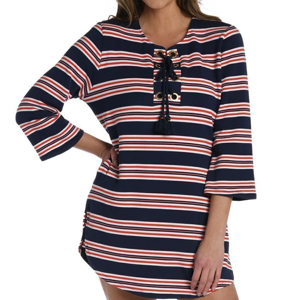 La Blanca Sailor Stripe Lace Up V-Neck Tunic